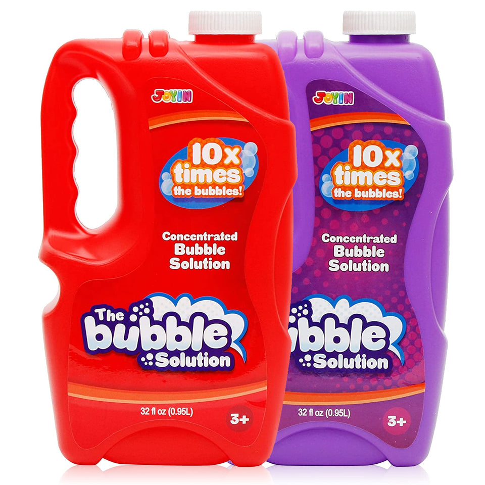 JOYIN bubble refill set with two 32 oz bottles showing long-lasting colorful bubbles