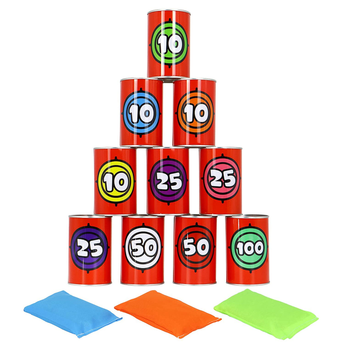 JOYIN cans pyramid setup shows easy stacking and scoring for kids.