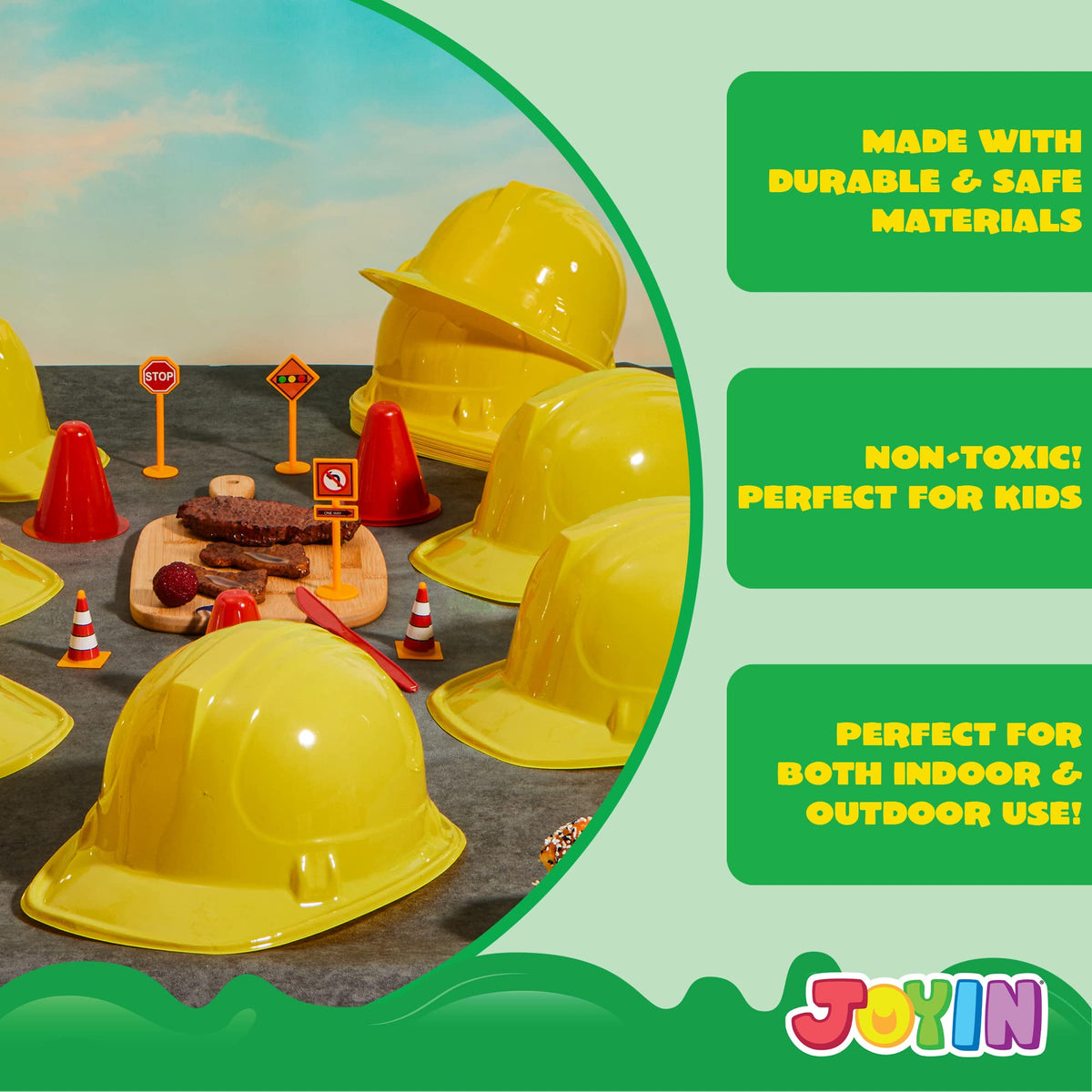 Close-up of JOYIN hats showing non-toxic material and safe design