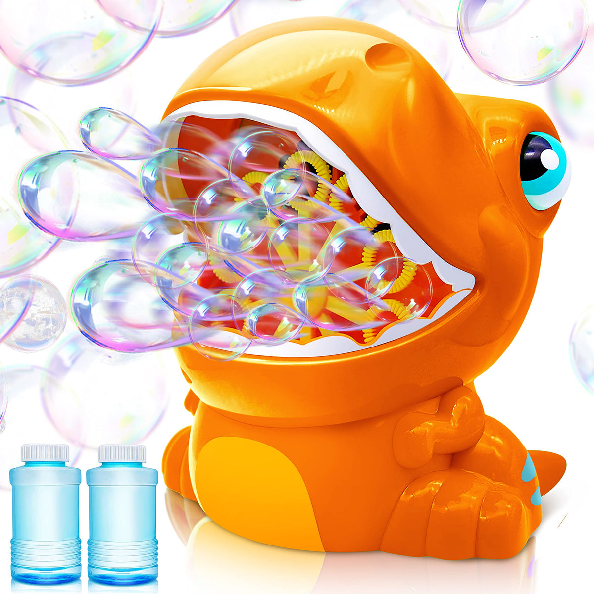 JOYIN Dinosaur Bubble Machine close-up shows playful design.