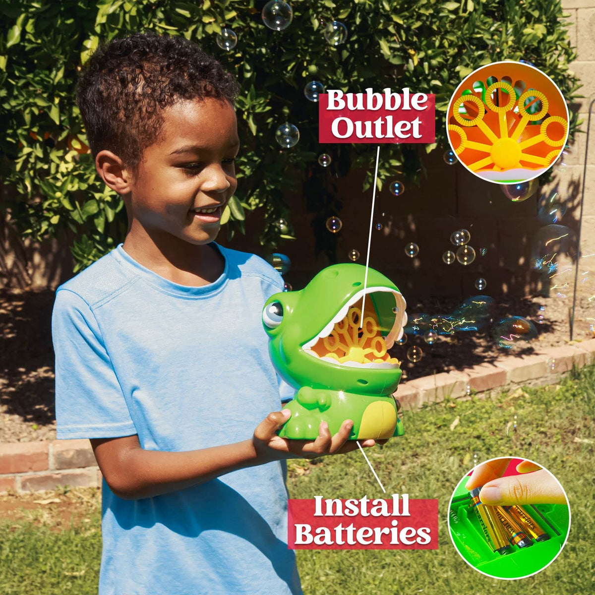 JOYIN dinosaur bubble machine green color enhances outdoor party vibes.