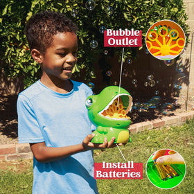 JOYIN dinosaur bubble machine green color enhances outdoor party vibes.