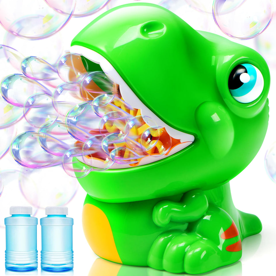 JOYIN dinosaur bubble machine in action producing colorful bubbles for kids.