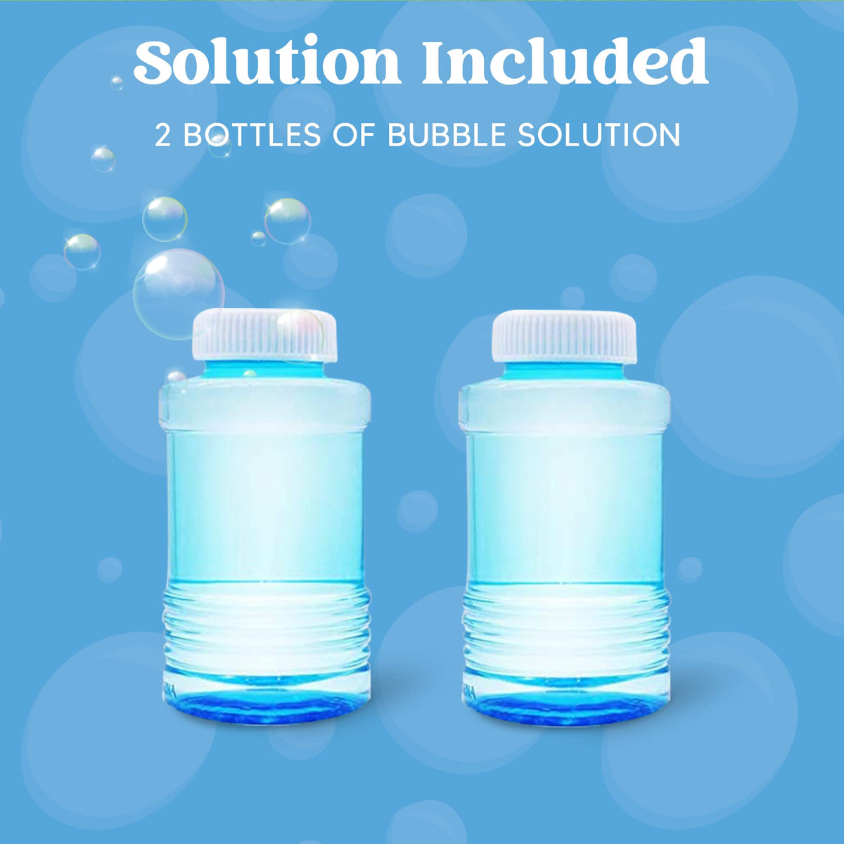 JOYIN Dinosaur Bubble Machine two bottles showcase bubble solution for longer play.