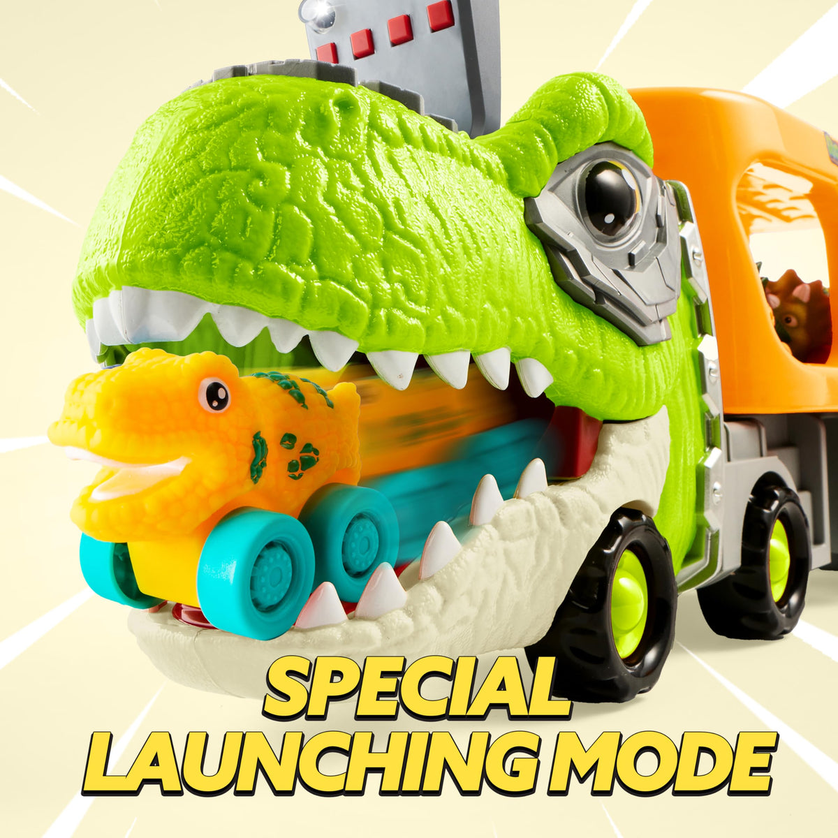 JOYIN dinosaur truck sliding ramp lets cars swoosh from top to front.