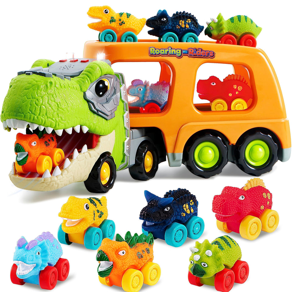 JOYIN dinosaur truck storage deck keeps six mini cars neatly organized for playtime.