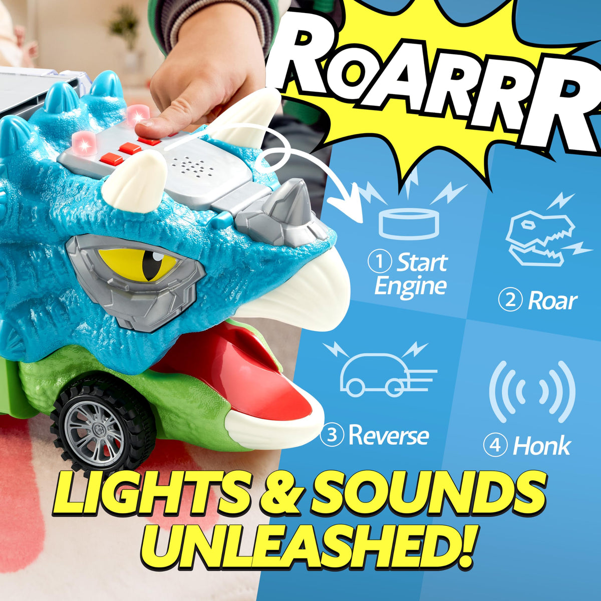JOYIN dinosaur truck carrier close-up shows sturdy build for toddlers