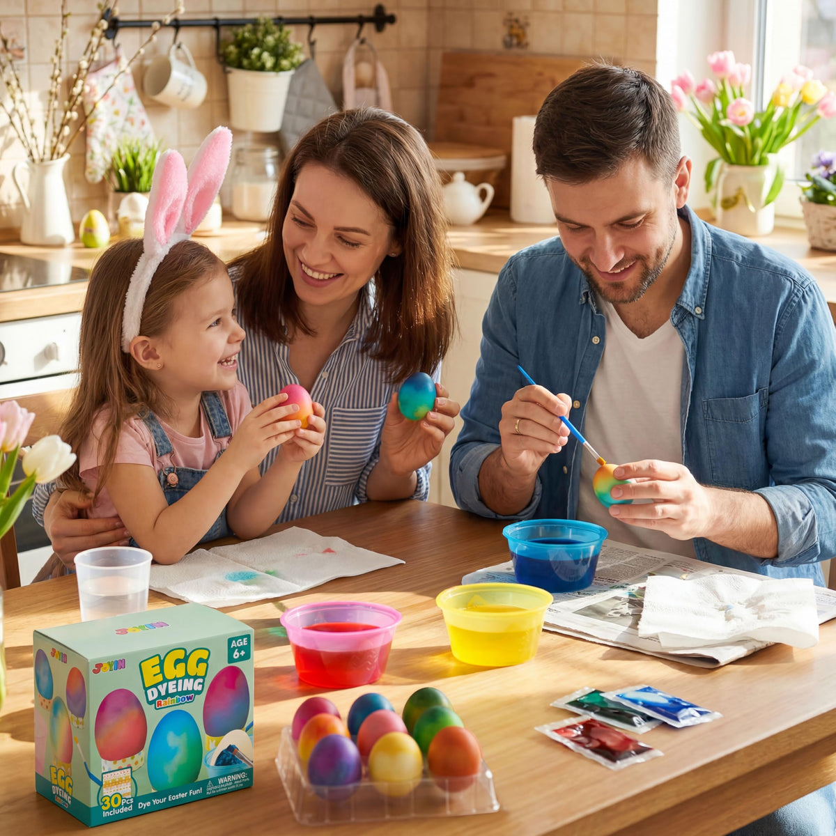 JOYIN dye process image — step by step guide for wrapping and submerging eggs.