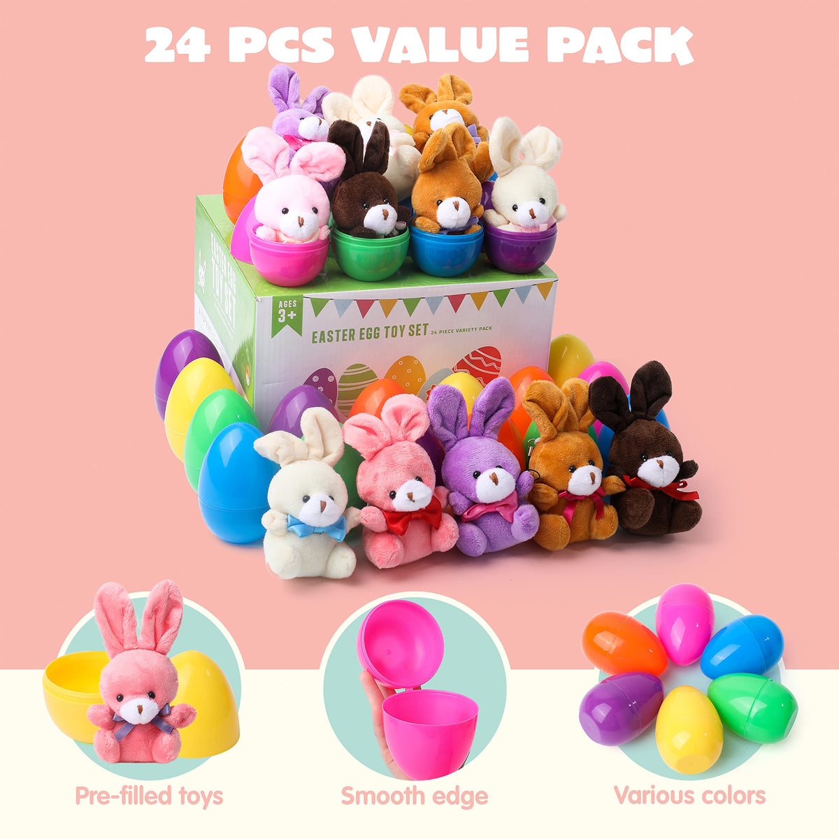 JOYIN Easter eggs arranged as basket stuffers with plush prizes for kids.