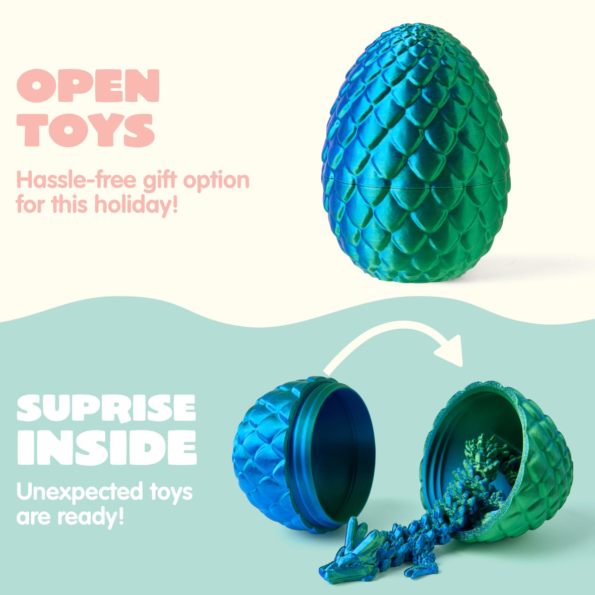 JOYIN compact 7.8-inch dragons fit neatly into a 3.5-inch eggshell for reveal moments.