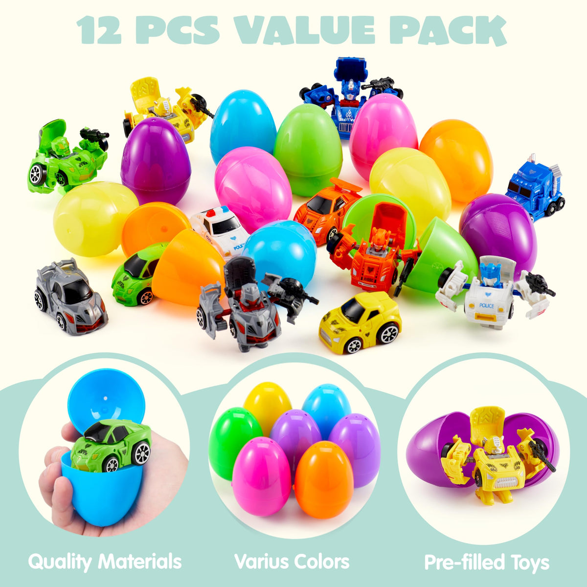 Colorful JOYIN eggs showing six car designs for collectibles