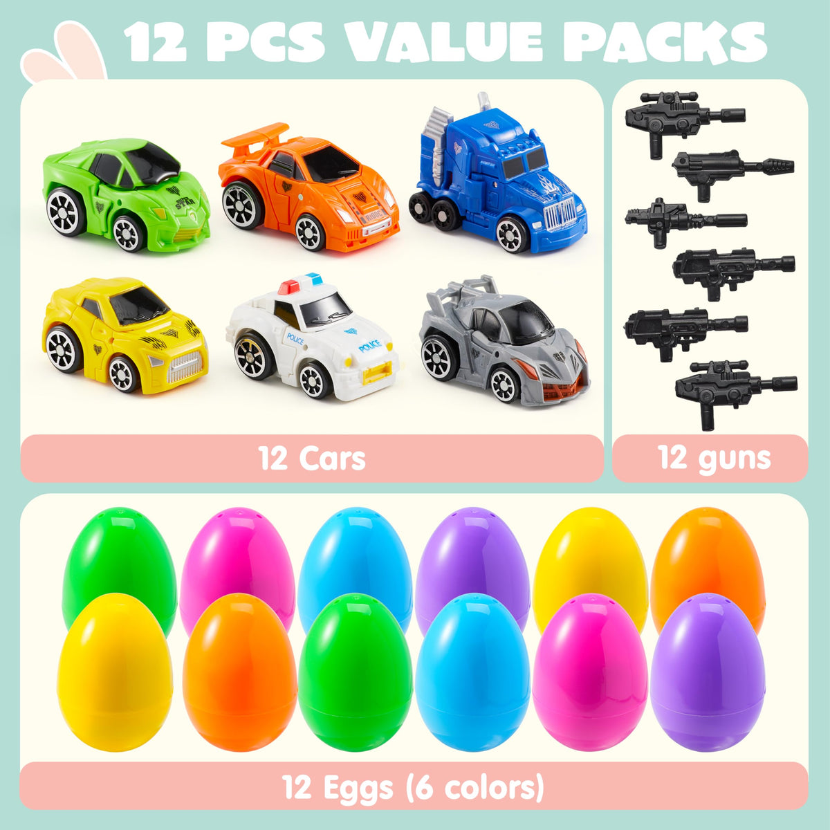 Eggs with pull-back car toys transforming into small robots