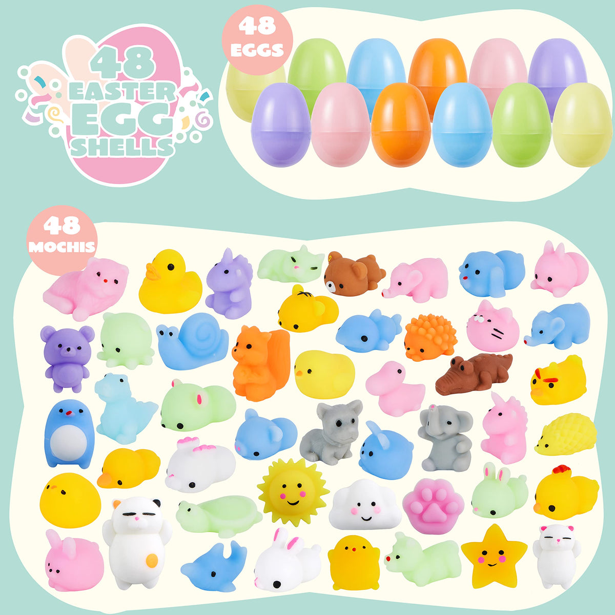 JOYIN Easter eggs featuring mochi squishy cat for lively classroom prizes and collectable surprises.