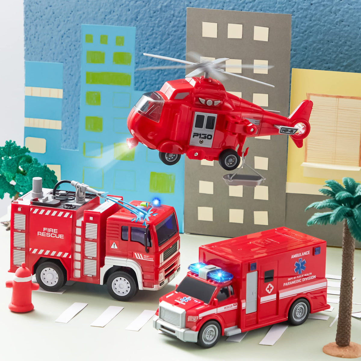 JOYIN emergency vehicle set packaging shows a ready-to-play gift set.