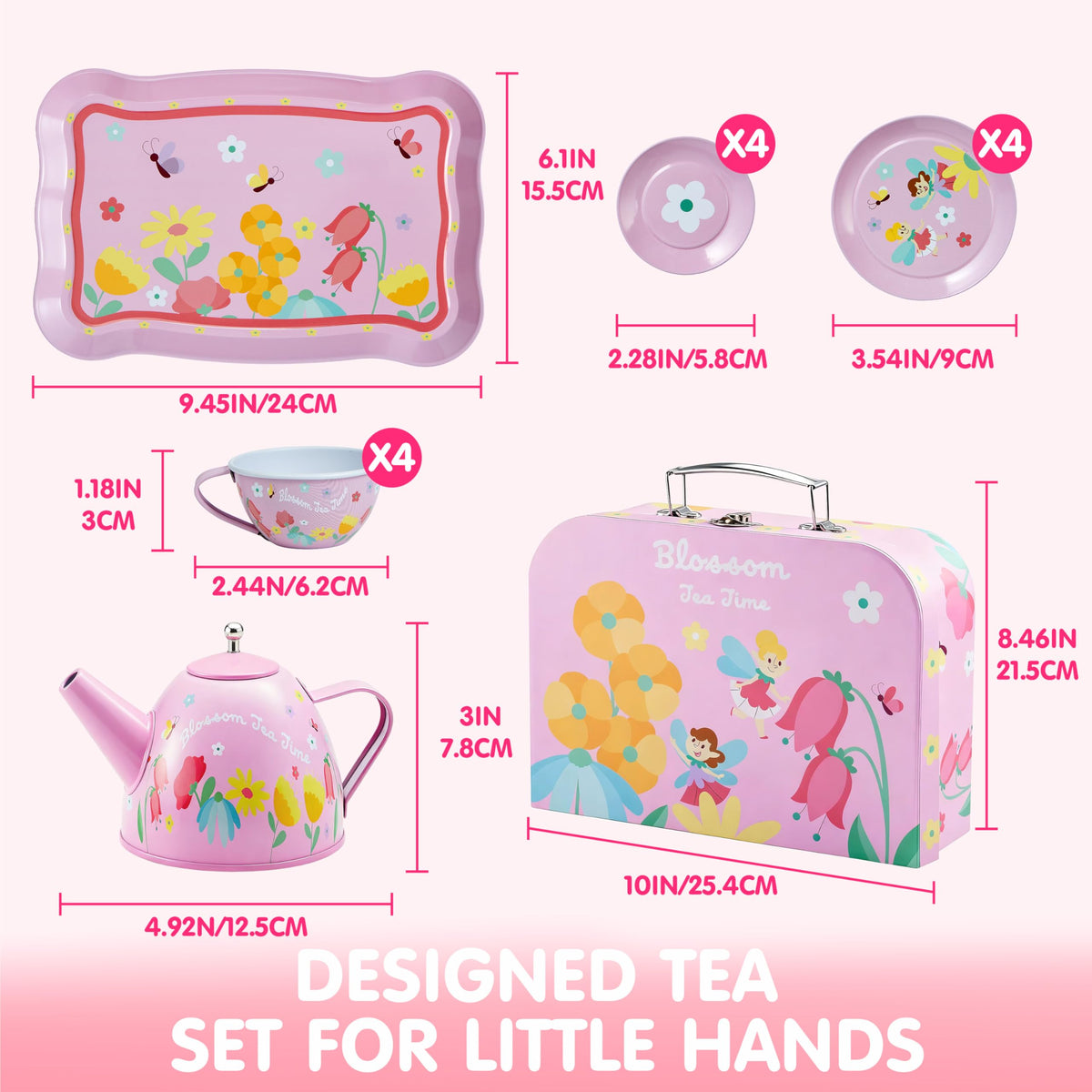 JOYIN Fairy Blossom Tea Set small plates suited for delicate pretend bites.