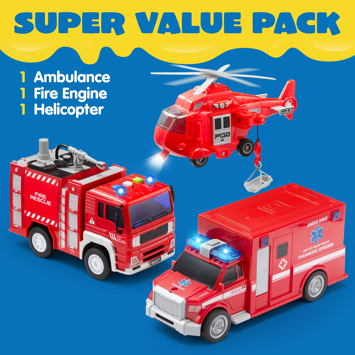JOYIN fire engine side view highlights friction wheels for active, screen-free fun.