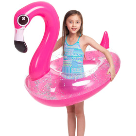 JOYIN Flamingo pool float adults relaxing and wading through warm water.