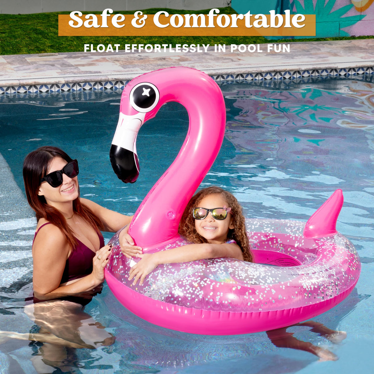 JOYIN Flamingo pool float glitter detail reflecting sunlight for sparkling water days.