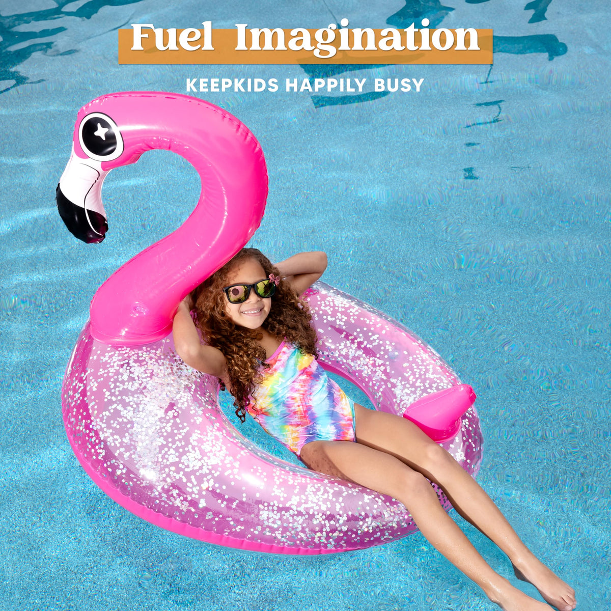 JOYIN Flamingo pool float in sunlight showcasing bright color and shimmer.