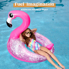 JOYIN Flamingo pool float in sunlight showcasing bright color and shimmer.