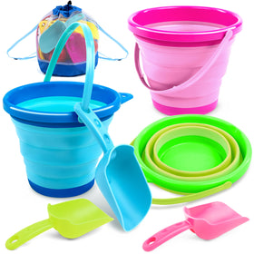 JOYIN foldable pail bucket 3-pack in blue pink green for easy beach play