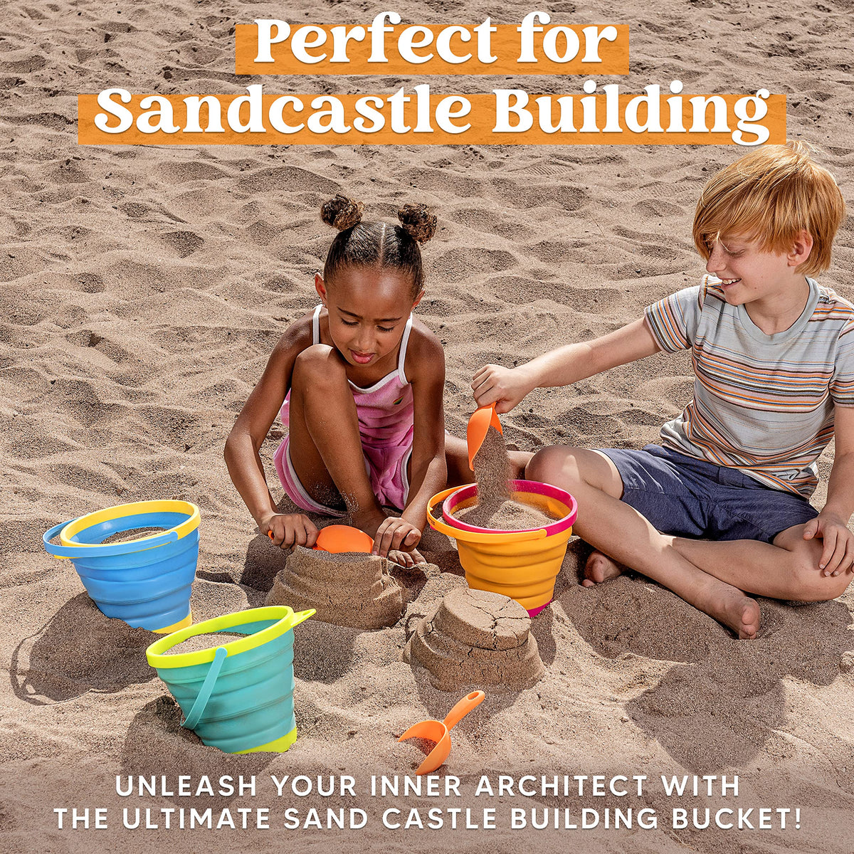 JOYIN foldable pail buckets blue set is ideal for kids' seaside adventures.