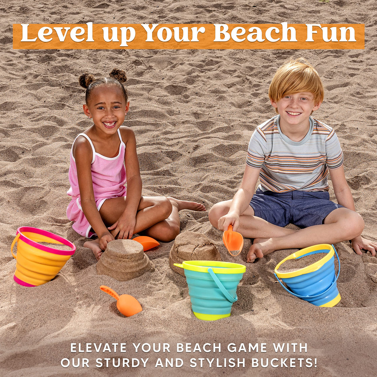 JOYIN foldable pail buckets green with shovels supports kids' outdoor games.