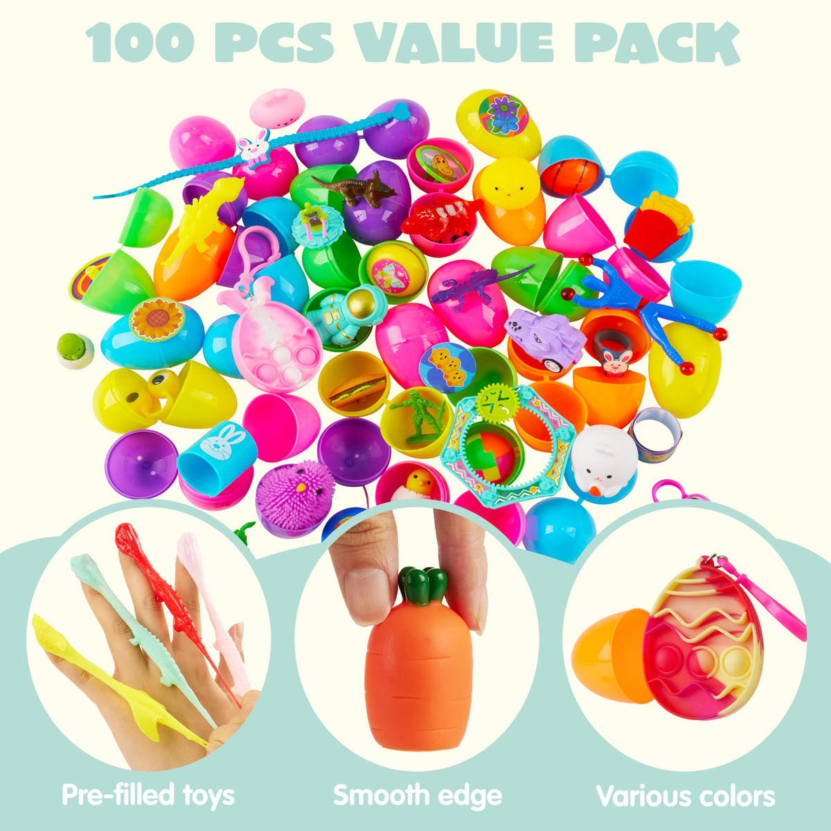 JOYIN eggs opened to reveal assorted stickers and small toys inside.