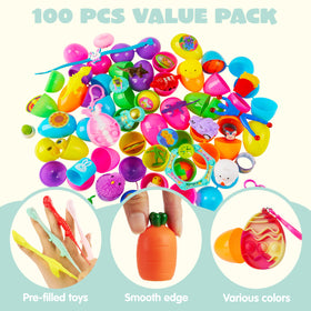 JOYIN eggs opened to reveal assorted stickers and small toys inside.