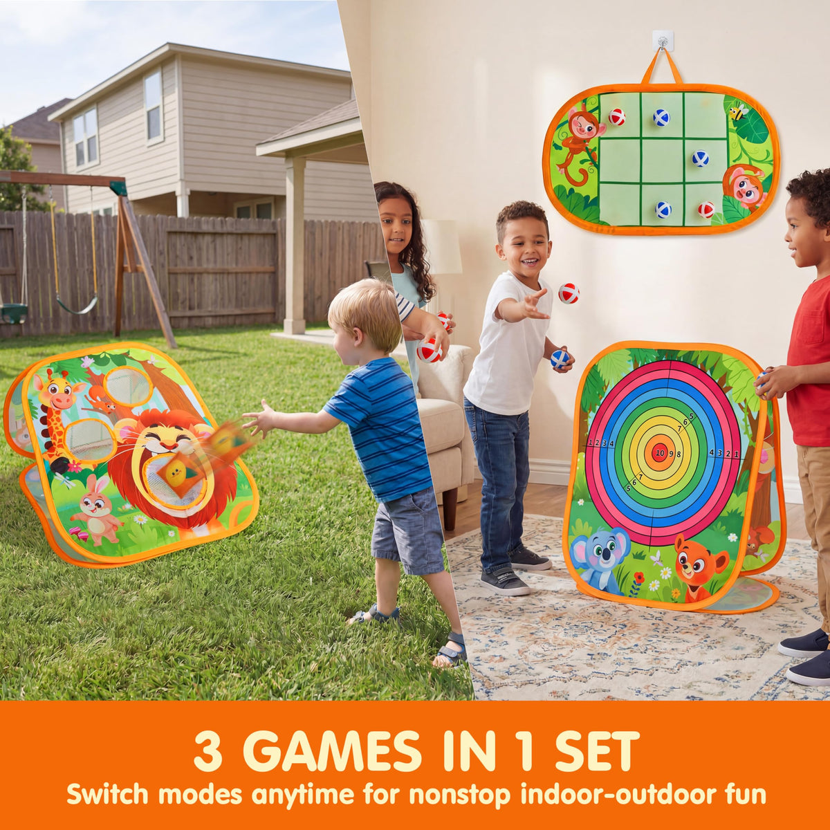 JOYIN kids playing bean bag toss outdoors for active family fun.
