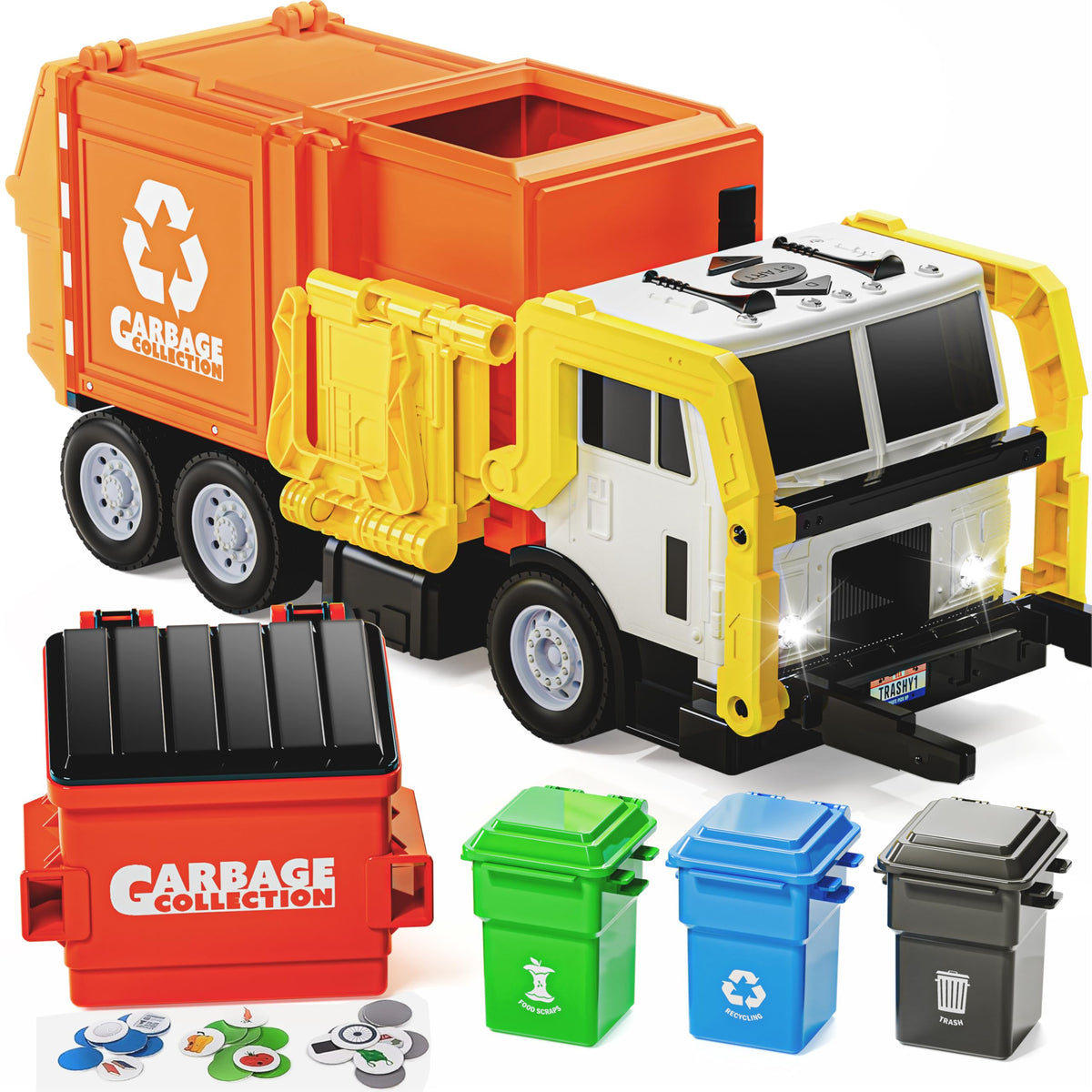 JOYIN large friction powered garbage truck with front dumper for imaginative play and motor skills.