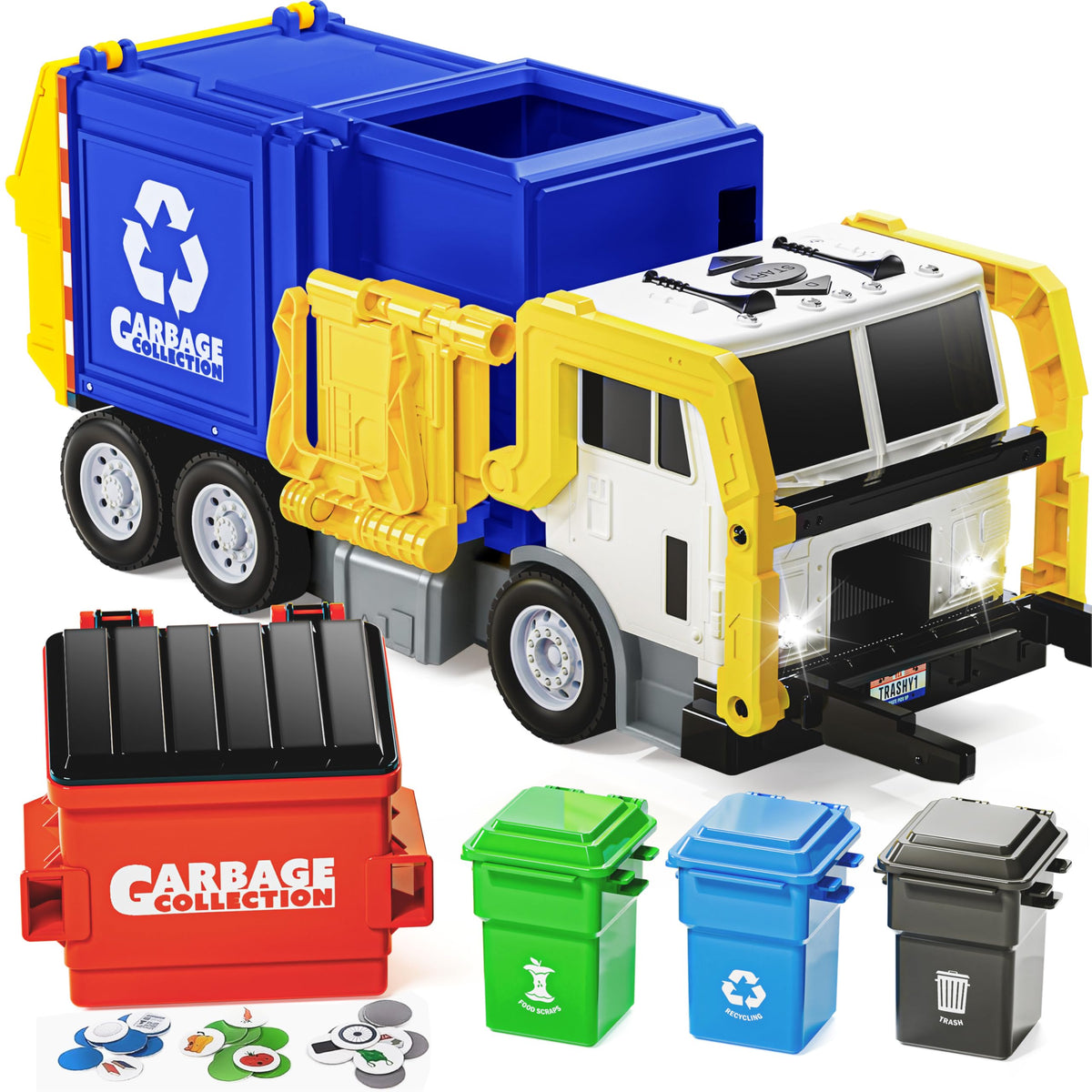 JOYIN large friction-powered garbage truck with front dumper for interactive pretend play.