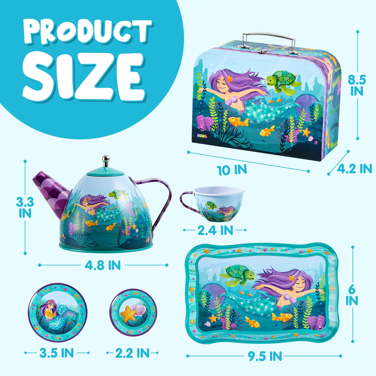 JOYIN Mermaid Tea Set carrying case keeps toys organized for travel.