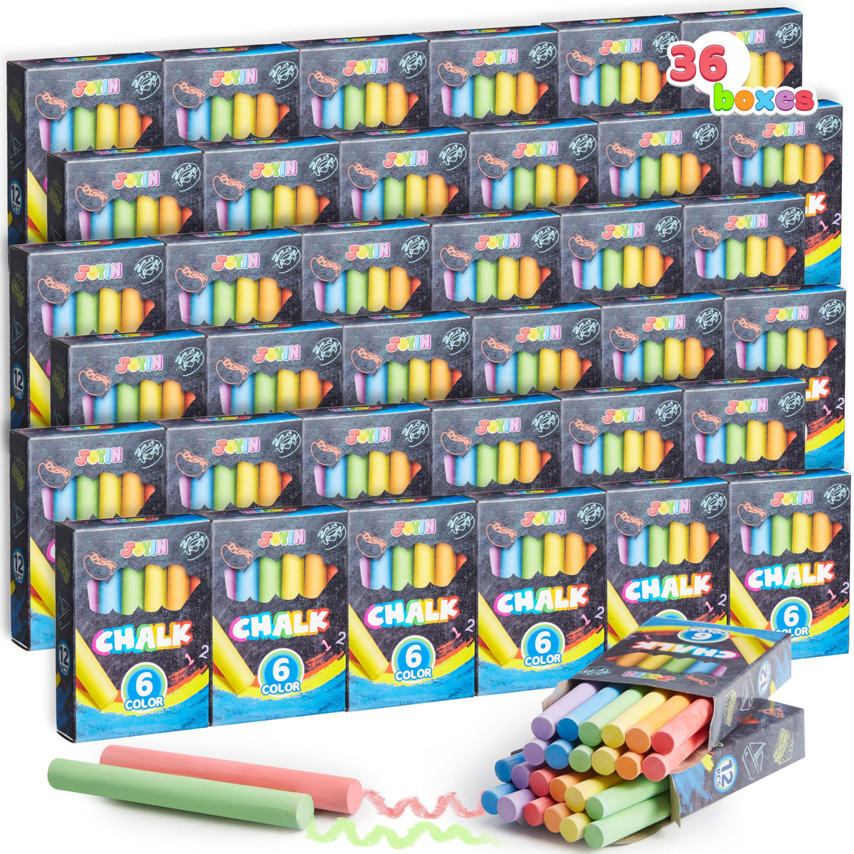 JOYIN mini chalk set with 36 boxes delivers bright colors for kid-friendly sidewalk art.