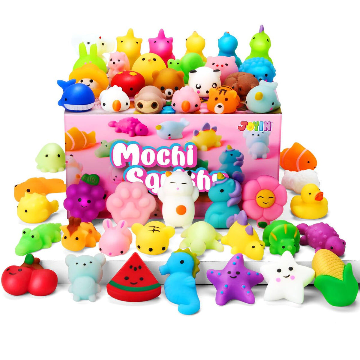 JOYIN Mochi squishy set with 100 pieces in varied designs for fun and stress relief.