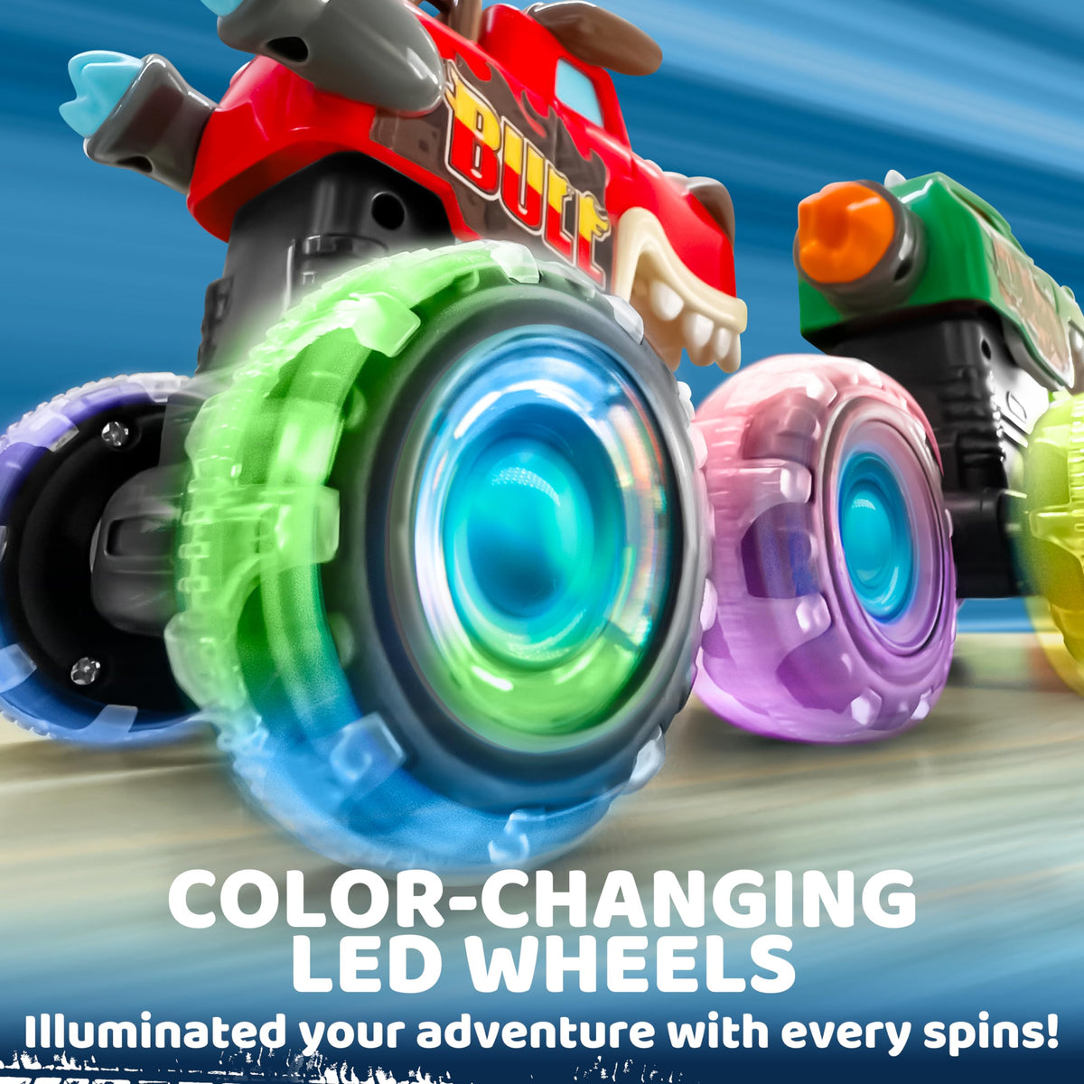 JOYIN Monster Truck Bull with LED wheels lights up colorful play for kids.