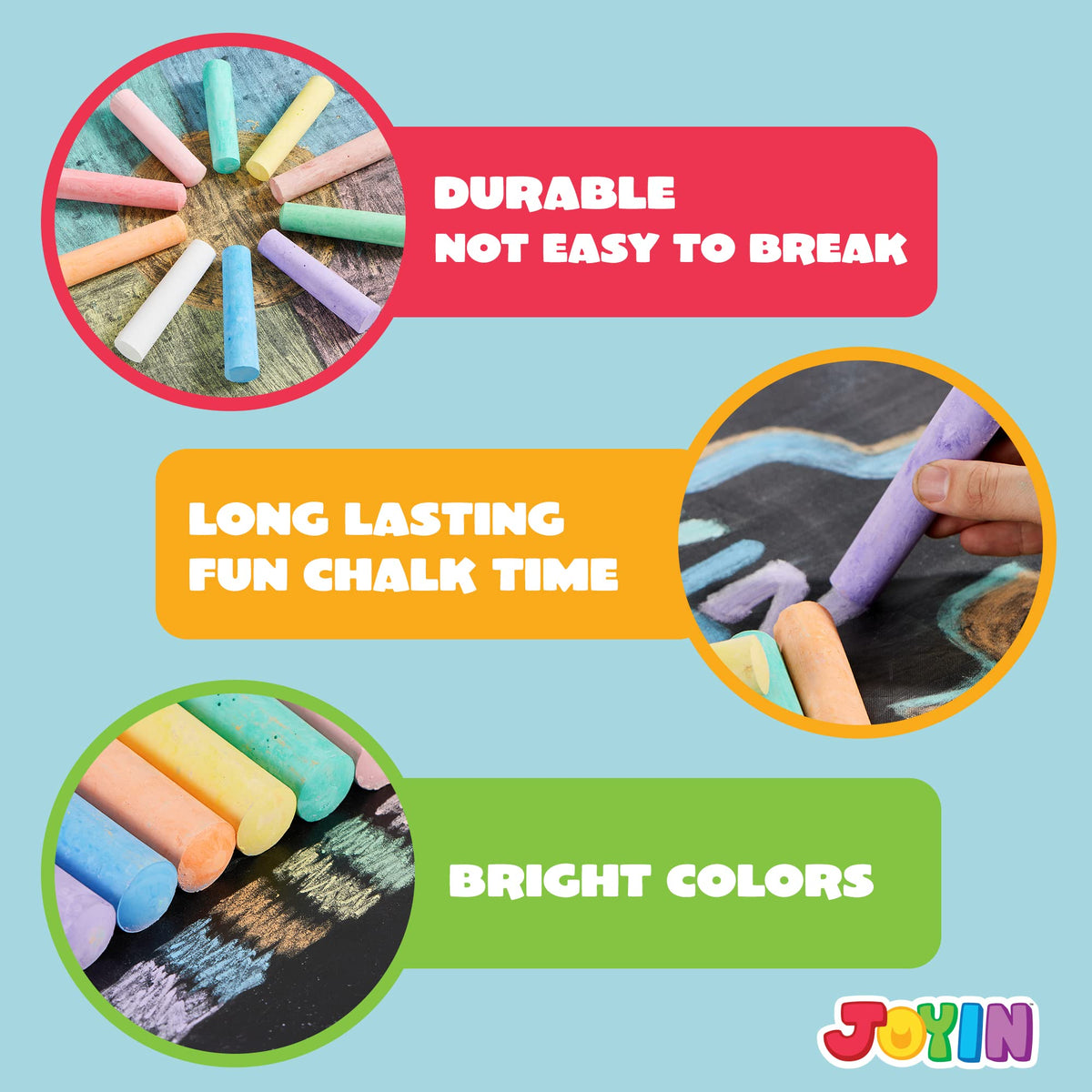JOYIN non-toxic chalks emphasize child-safe outdoor creativity.