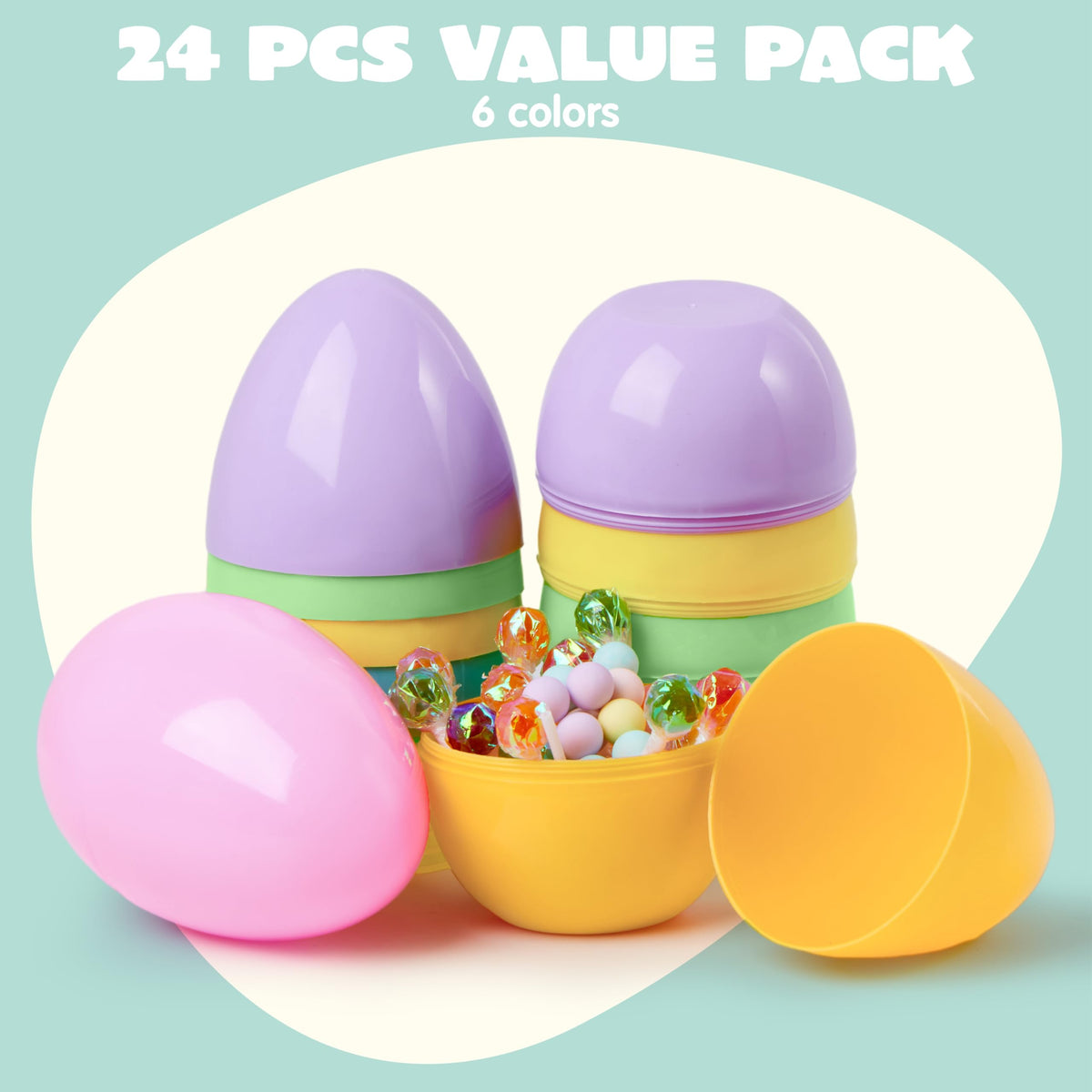 JOYIN pastel Easter eggs displayed in a tray for classroom decor and parties.