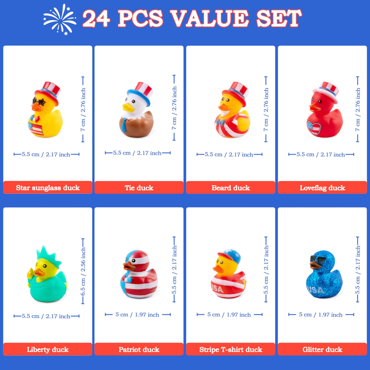 JOYIN 24-pack patriotic ducks in red white blue brighten pool parties and parades.