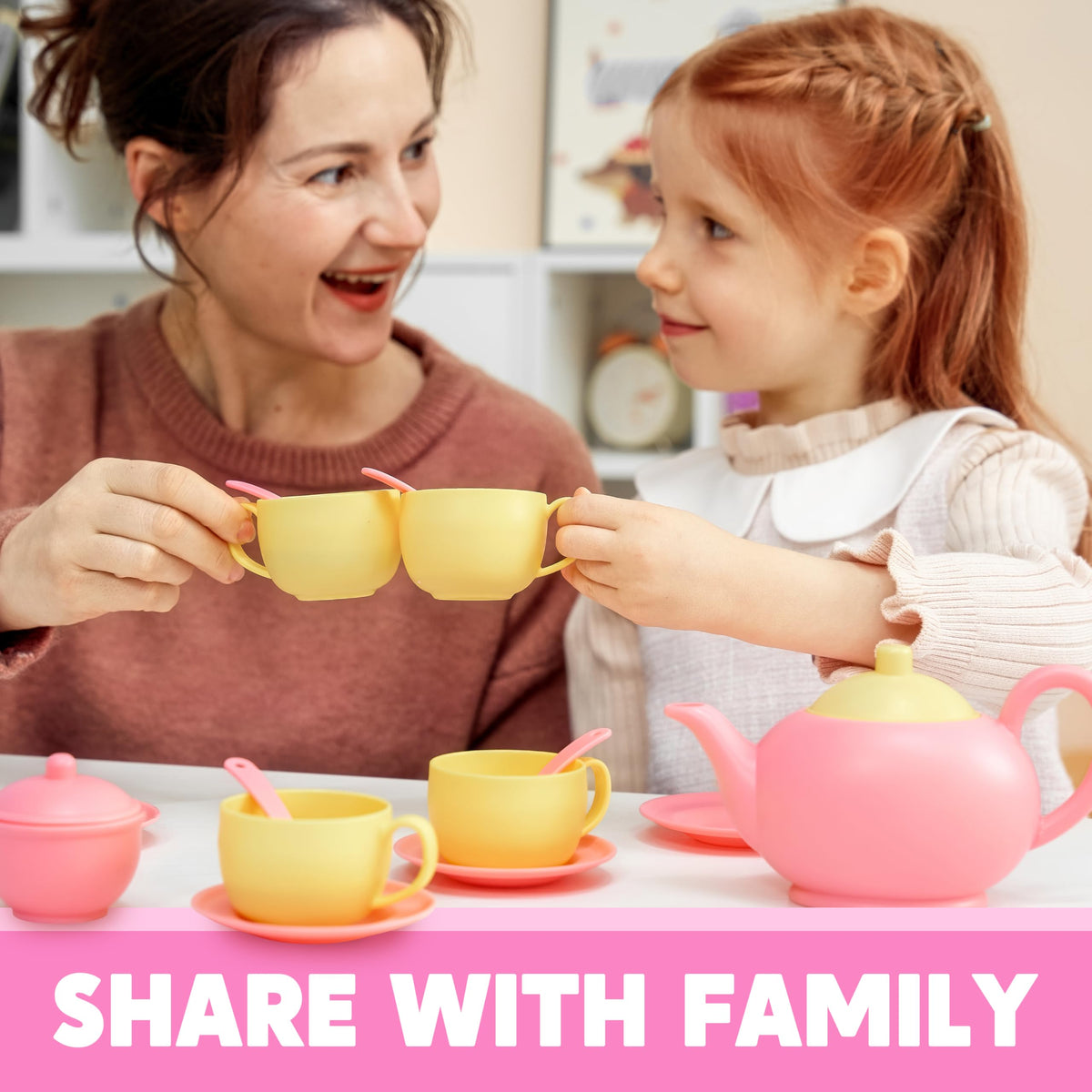JOYIN pink tea set kids playing to boost imagination and social skills.