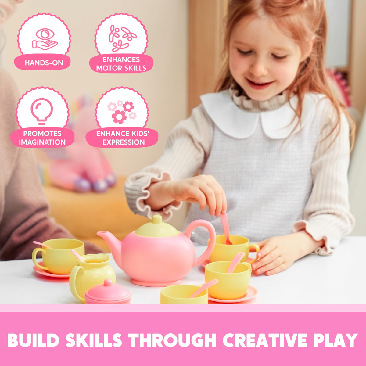 JOYIN pink tea set spoons for stirring play and early dexterity.