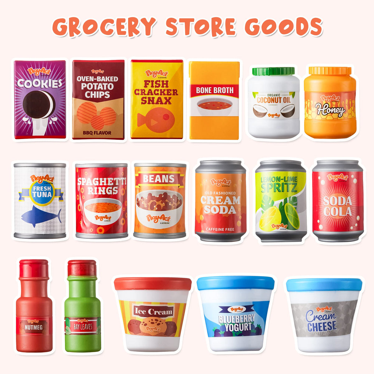 JOYIN play food grocery cans seasoning—colorful labels support sorting and recognition.