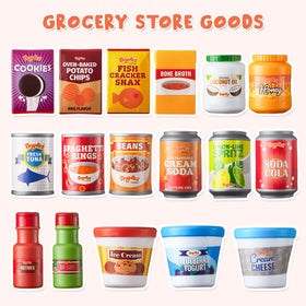 JOYIN play food grocery cans seasoning—colorful labels support sorting and recognition.