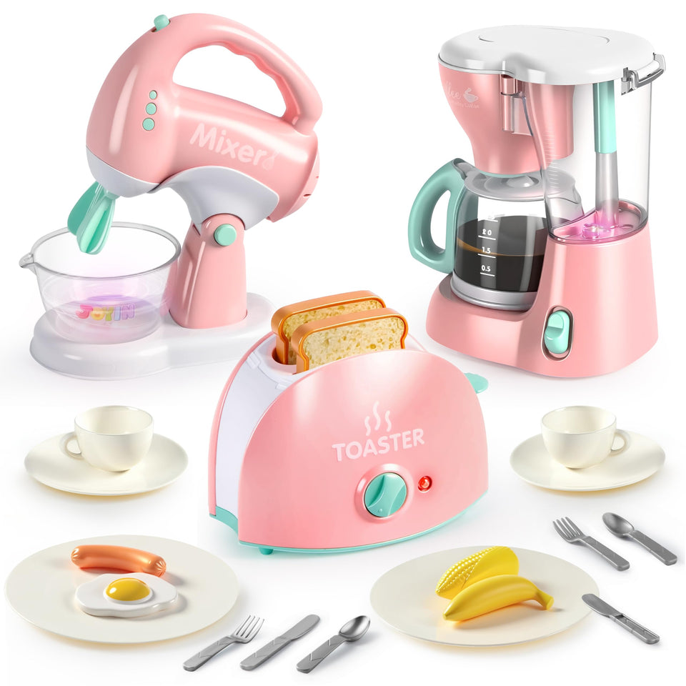 JOYIN play kitchen coffee maker with lights for realistic pretend coffee moments.