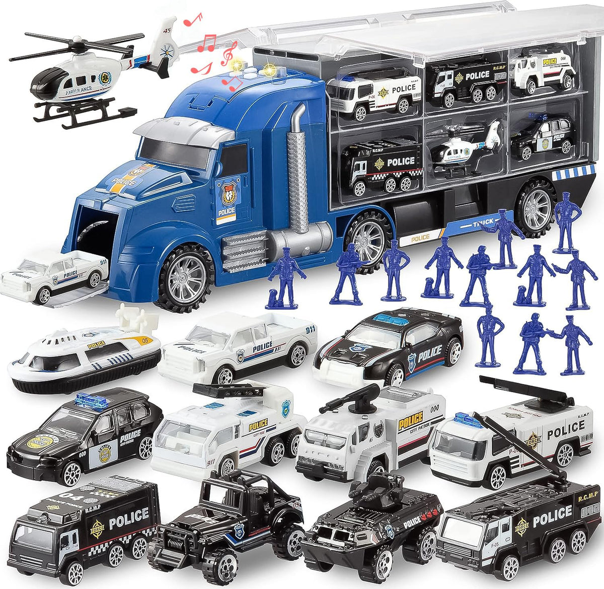 JOYIN police rescue truck carrier front view promotes imaginative play