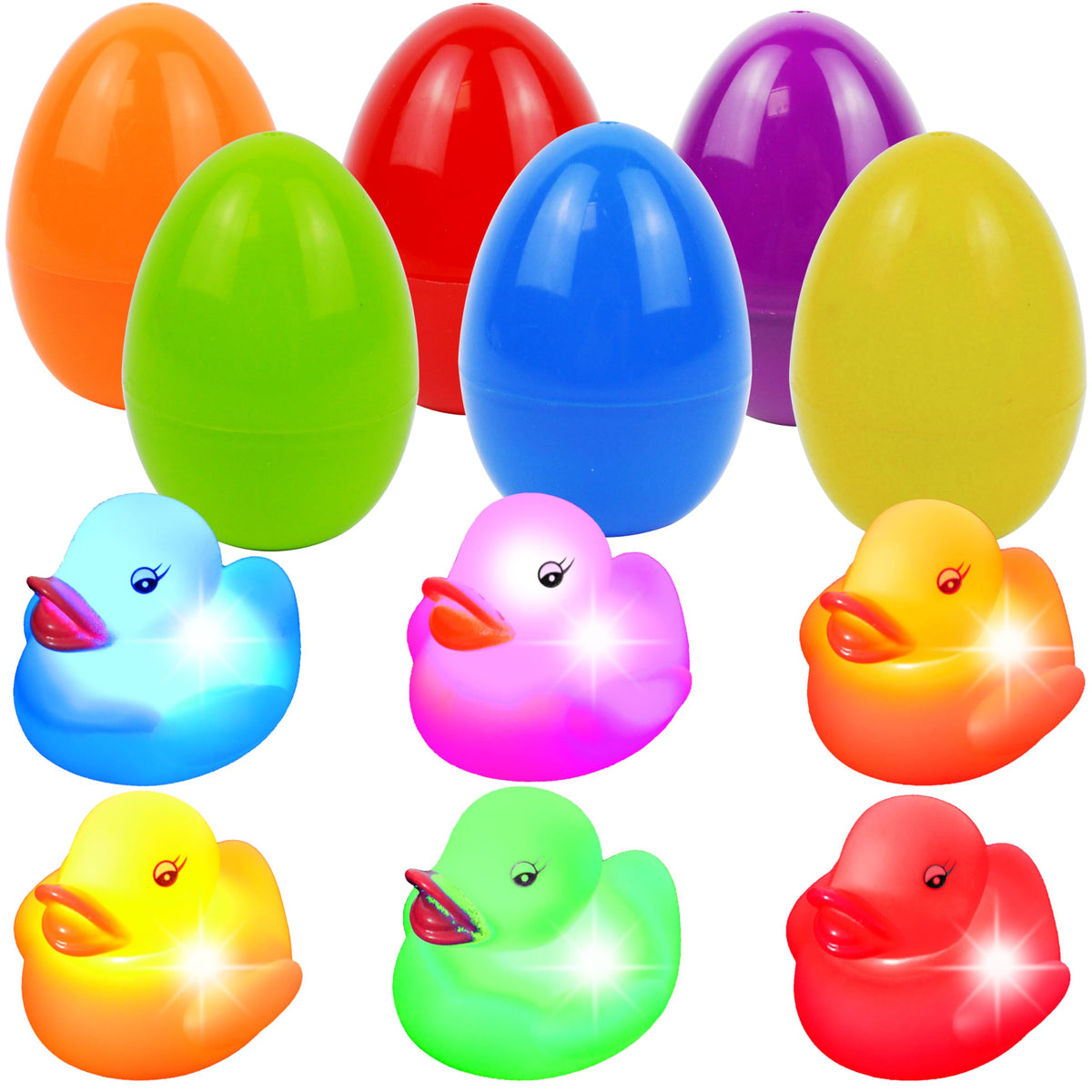 JOYIN 6-pack pre-filled Easter eggs with glow-in-water duck bath toy for bath time fun.
