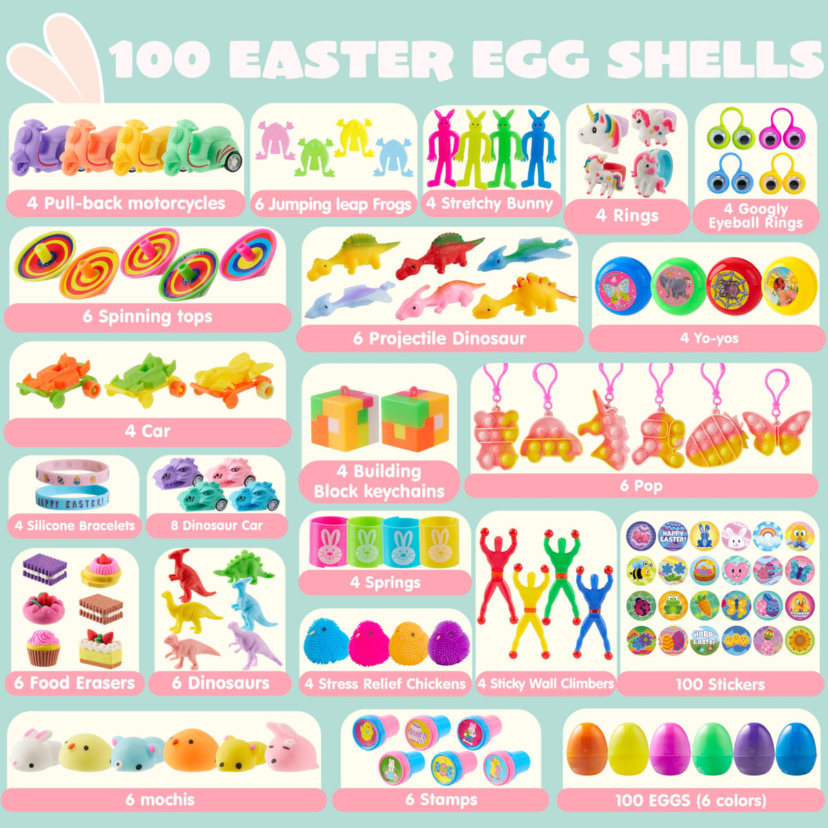 JOYIN prefilled Easter eggs opened to reveal tumblers and small prizes.