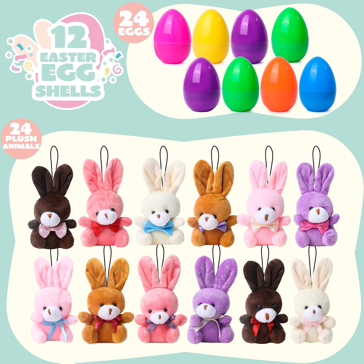 JOYIN prefilled Easter eggs with plush bunnies in a multicolor display.