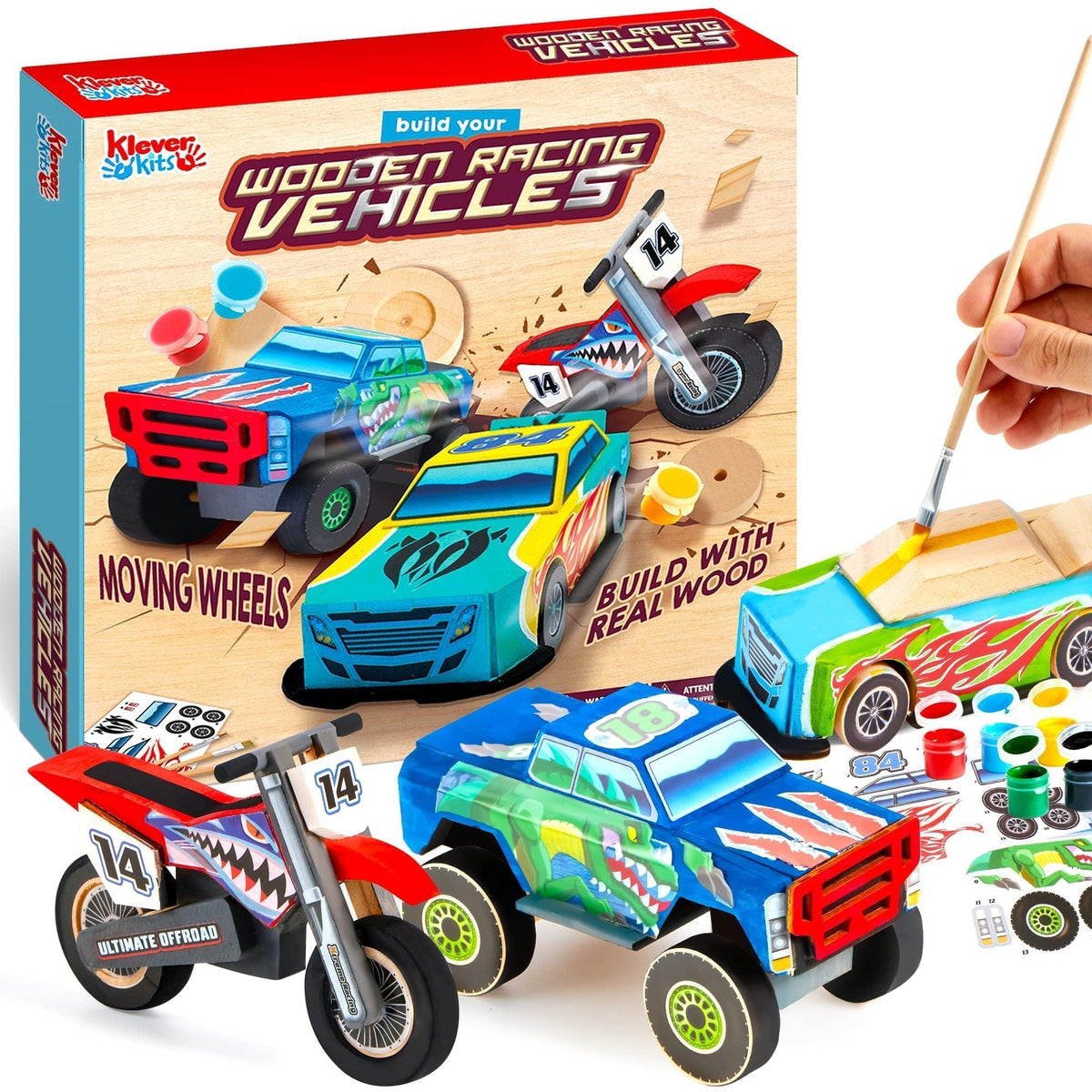 JOYIN race car kit build: kids assemble and paint a wooden car for creative play.