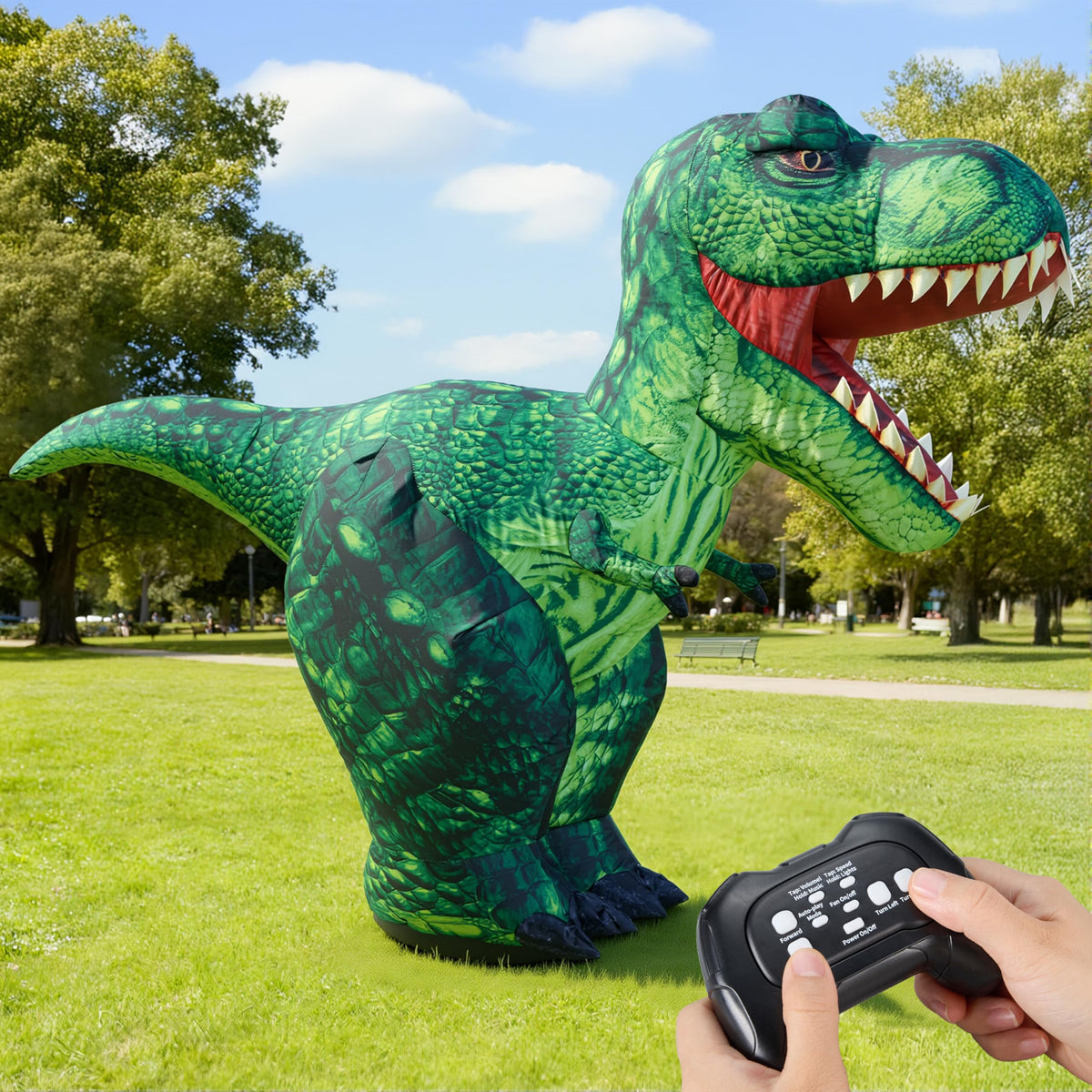 Joyin remote-control inflatable dinosaur stands 35 inches tall for exciting backyard display.